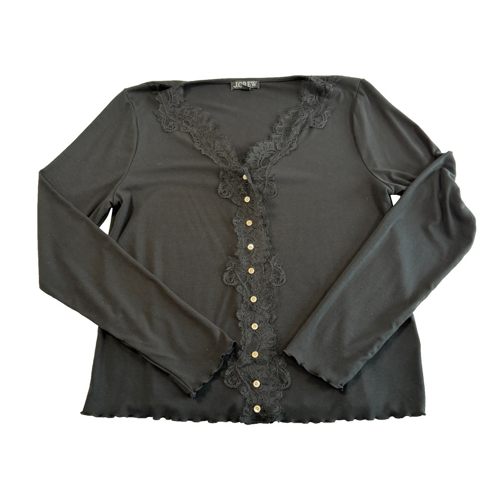 J Crew Lace Trim Cardigan Top Sz XL Black Lettuce Hem Lightweight Romantic - Picture 5 of 8